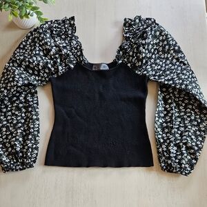 Anthropologie Black Knit Crop Top with Floral Puff Sleeves